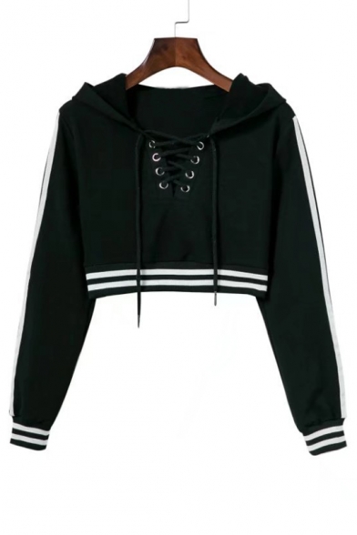 Women's Striped Trim Lace-Up Front Long Sleeve Cropped Hoodie