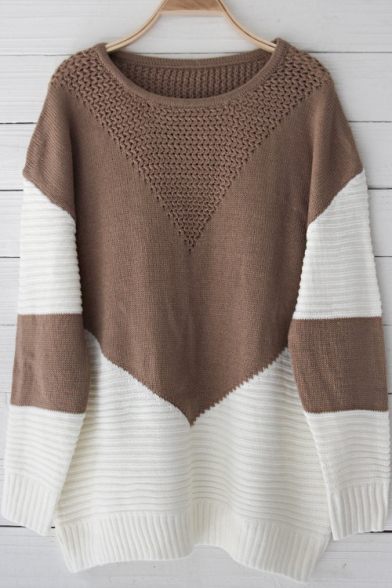 Chic Color Block Comfort Round Neck Long Sleeve Loose Sweater