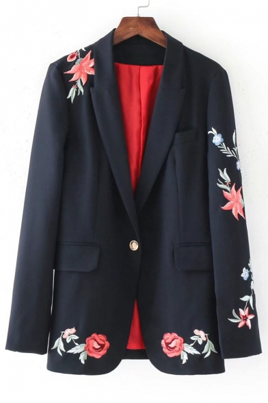 Chic Floral Embroidered Notched Lapel Collar Long Sleeve Blazer with Single Button