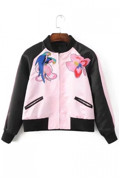 Color Block Long Sleeve Embroidery Parrot Butterfly Pattern Zip Fly Stand Up Collar Bomber Jacket