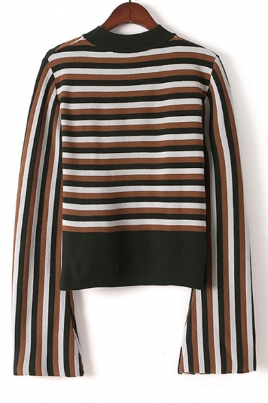 Color Block Striped Long Sleeve Round Neck Pullover Sweater