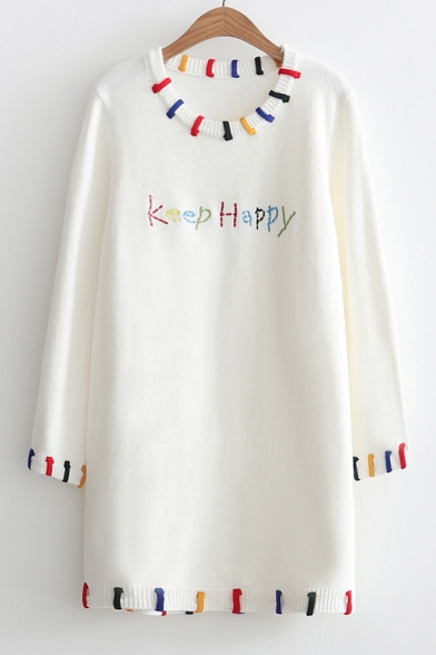 Embroidery Keep Happy Letter Pattern Round Neck Long Sleeve Tunic Pullover Sweater