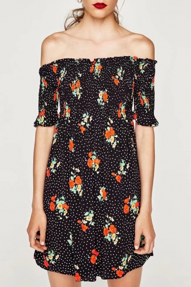Fashion Floral Polka Dot Pattern Off The Shoulder Short Sleeve Mini A-Line Dress