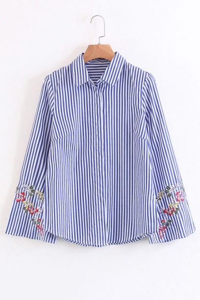 Floral Embroidered Long Sleeve Striped Pattern Buttons Down Shirt