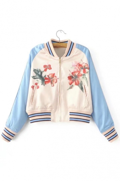 Floral Printed Contrast Raglan Long Sleeve Color Block Cropped Baseball Jacket