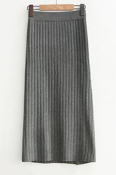 High Rise Elastic Waist Basic Simple Plain Midi Knit Skirt