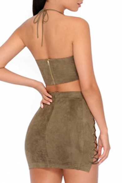 Hot Fashion Sexy Plain Halter Neck Cropped Top with Mini Bodycon Skirt