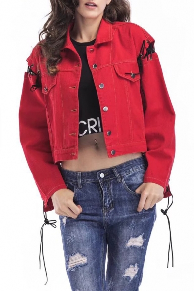 Lace Up Long Sleeve Lapel Single Breasted Contrast Letter Printed Denim Jacket