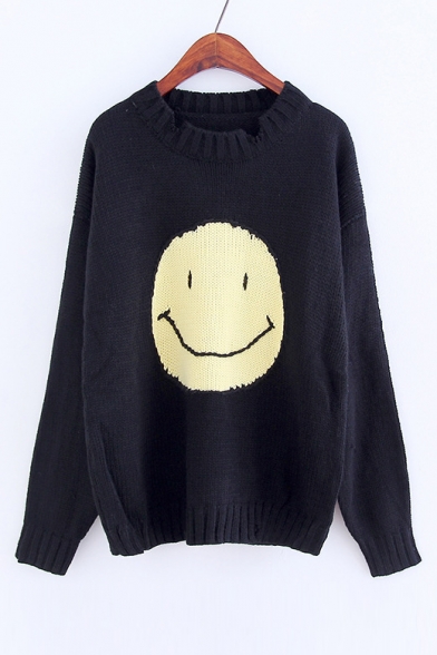 Lovely Happy Face Pattern Round Neck Long Sleeve Pullover Sweater