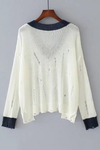 New Arrival Contrast V-Neck Long Sleeve Hollow Out Pullover Sweater