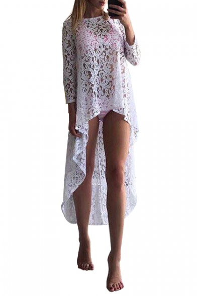 New Arrival High Low Hem 3/4 Length Sleeve Plain Lace Cover Up