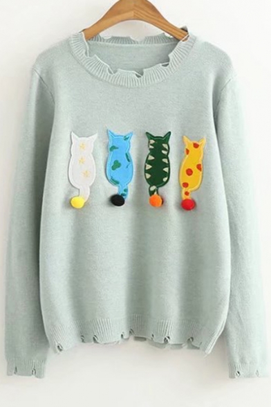 New Collection Cartoon Cat Patched Round Neck Long Sleeve Sweater