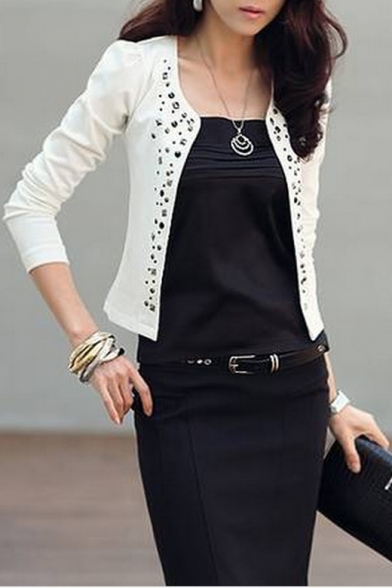 

New Collection Fashion Studded Embellished Collarless Long Sleeve Coat, LC449490, Black;white