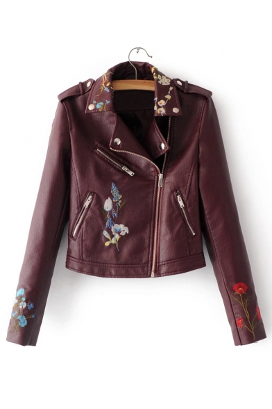 New Collection Floral Embroidered Notched Lapel Collar Zip Up Biker ...