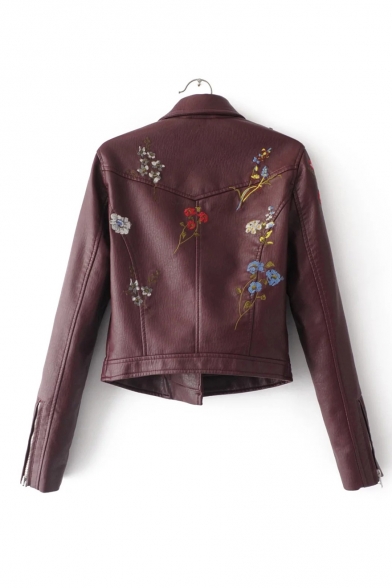New Collection Floral Embroidered Notched Lapel Collar Zip Up Biker Jacket