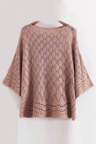 New Fashion Diamond Hollow Out Round Neck 3/4 Sleeve Casual Loose Sweater