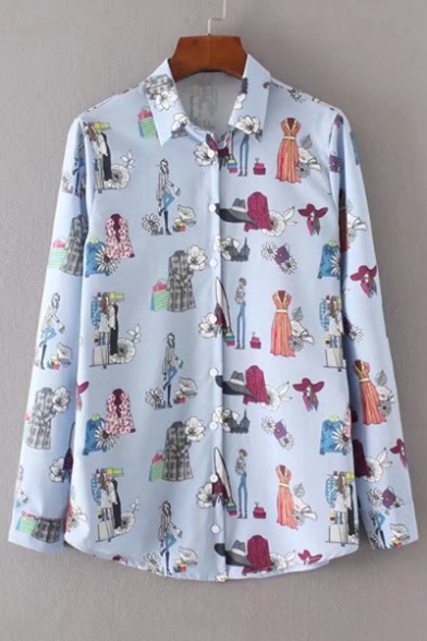 New Stylish Cartoon Character Clothes Pattern Long Sleeve Buttons Down Shirt