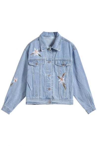 New Trendy Floral Embroidered BF Style Long Sleeve Buttons Down Denim Jacket