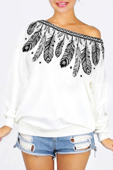 Sexy Off the Shoulder Feather Printed Long Sleeve Pullover Sweatshirt
