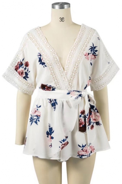 Sexy Plunge V-Neck Short Sleeve Cutout V-Back Floral Printed Rompers