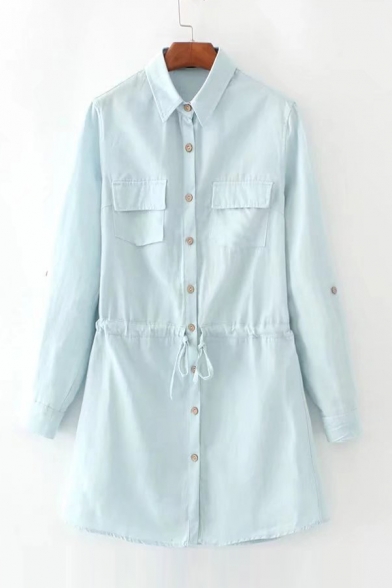 Simple Plain Lapel Collar Long Sleeve Drawstring Waist Buttons Down Denim Shirt Dress