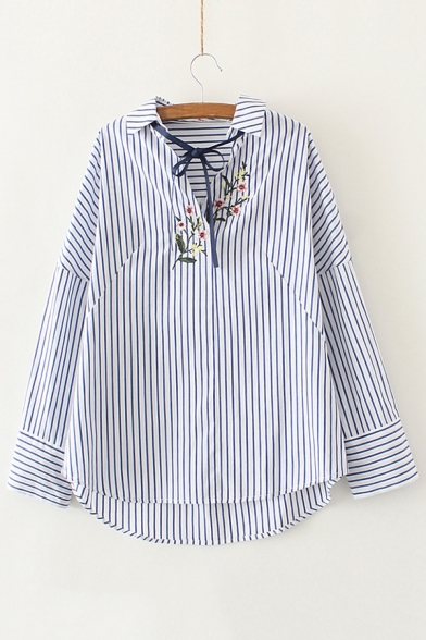 Striped Embroidery Floral Pattern V-Neck Dropped Long Sleeve Blouse