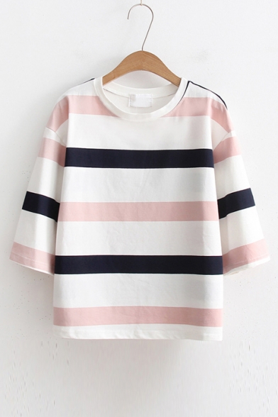 Summer's Fresh Striped Pattern Round Neck Half Sleeve Casual T-Shirt