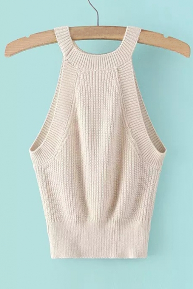 Summer's Sexy Round Neck Sleeveless Plain Knit Cropped Tank Top