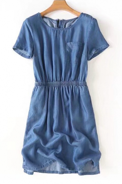 Women's Elastic Waist Round Neck Short Sleeve Zip Back Plain Mini Denim Dress