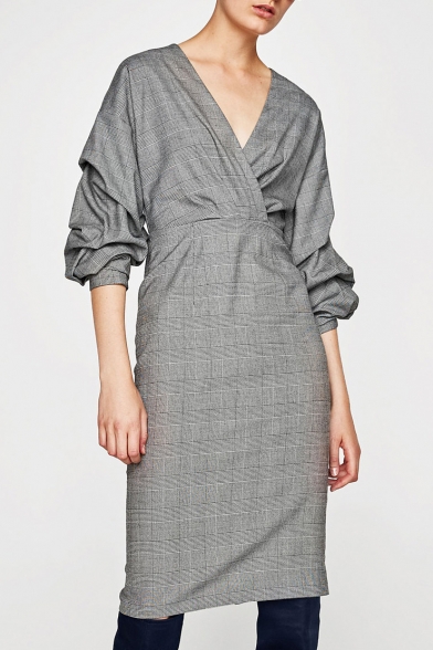 Women's Wrap V-Neck Ruched Multi-Layered Long Sleeve Plaid Midi Dress