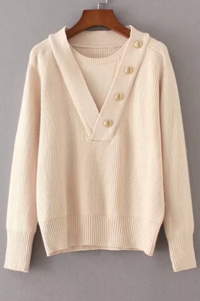 Button Detail Round Neck Long Sleeve Plain False Two Pieces Pullover Sweater