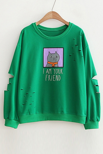 Cartoon Cat Pattern Fashion Ripped Round Neck Long Sleeve Pullover Sweatshirt