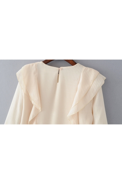 Chic Ruffle Hem Striped Pattern Round Neck Long Sleeve Pullover Blouse