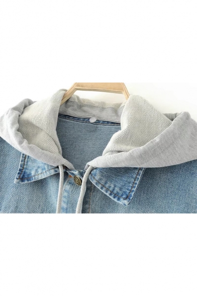 Detachable Hooded Long Sleeve Single Breasted Lapel Denim Jacket