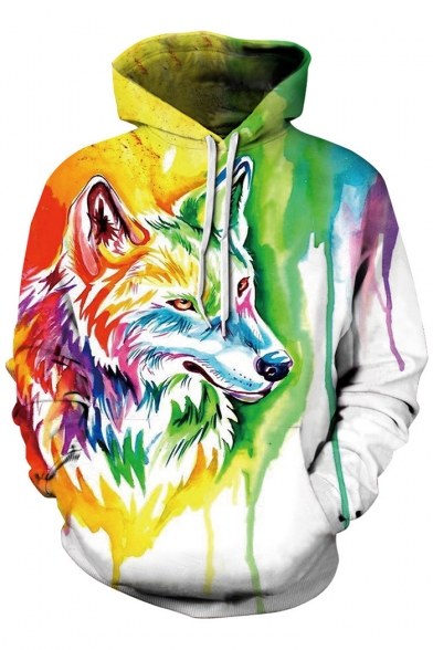 Digital Colorful Painted Wolf Pattern Casual Loose Unisex Hoodie