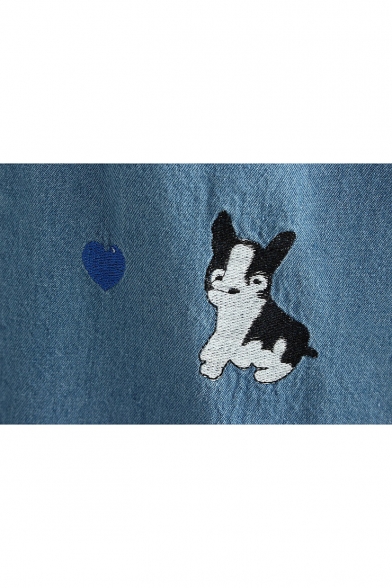 Elastic Waist Lovely Cartoon Dog Embroidered Loose Wide Legs Capris Jeans