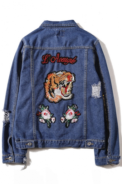Embroidery Tiger Floral Pattern Lapel Single Breasted Ripped Denim Jacket