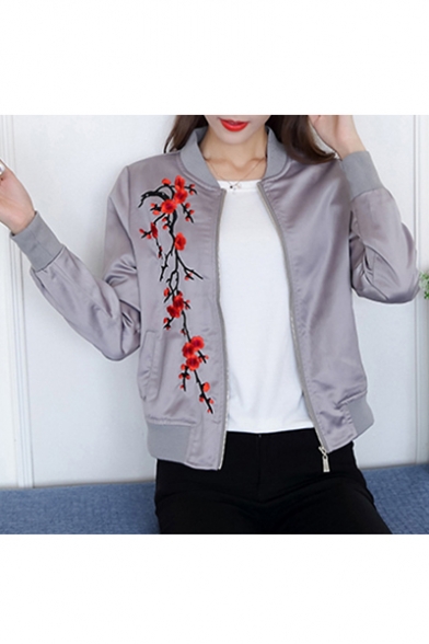 Fashion Embroidery Floral Pattern Stand-Up Collar Zipper Placket Baseball Jacket