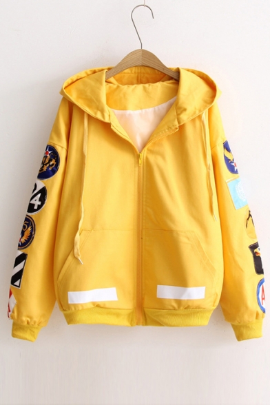 Fashion Patched Casual Loose Hooded Long Sleeve Zip Up Coat