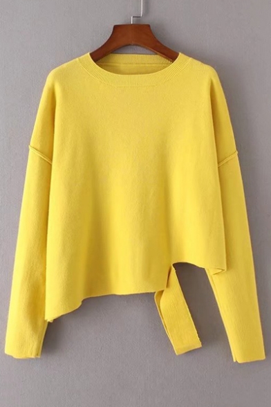 Fashion Ripped Out Side Round Neck Long Sleeve Plain Sweater