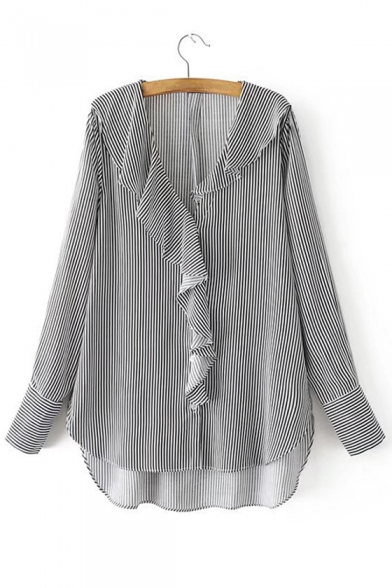 Fresh Striped Ruffle Front Long Sleeve Single Breasted Shirt
