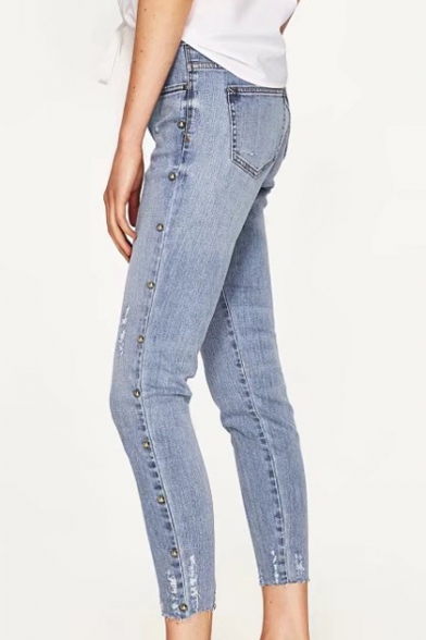 High Waist Simple Plain Fashion Beaded Embellished Side Skinny Jeans