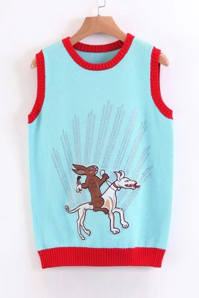New Arrival Cartoon Printed Round Neck Sleeveless Knit Vest Sweater