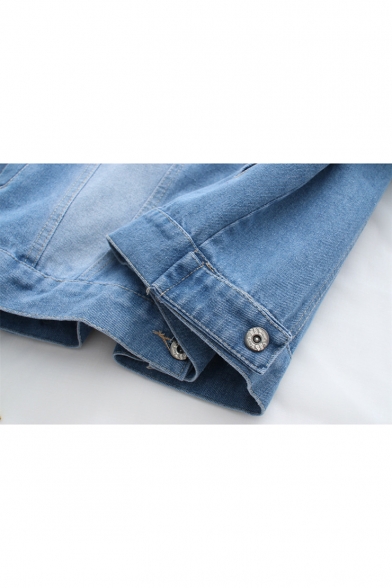 New Stylish Grommet Lace-Up Back Lapel Collar Long Sleeve Buttons Down Denim Jacket