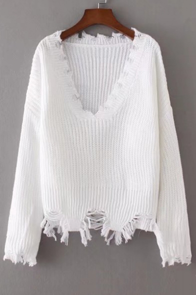 New Stylish Ripped Tassel Hem V Neck Long Sleeve Basic Plain Sweater