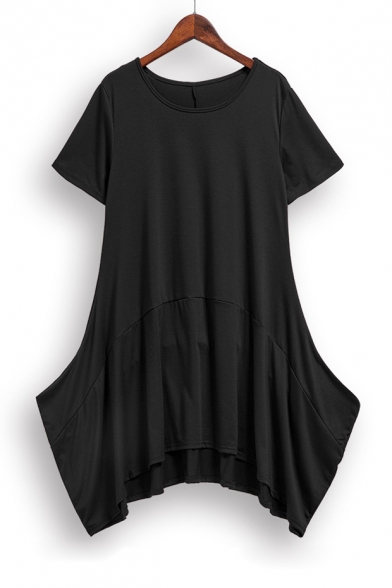 New Trendy Round Neck Short Sleeve Plain Midi Asymmetrical Dress with Pockets