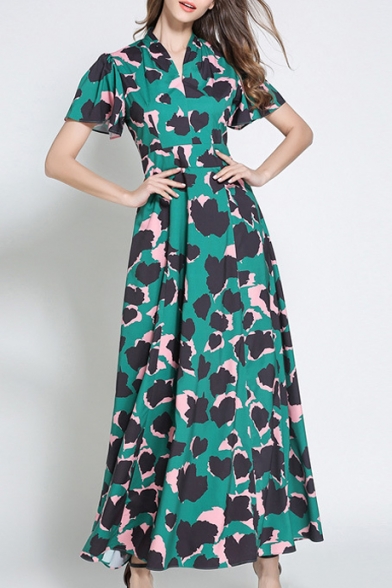 Retro Color Block Leopard Printed V Neck Short Sleeve Maxi A-Line Dress