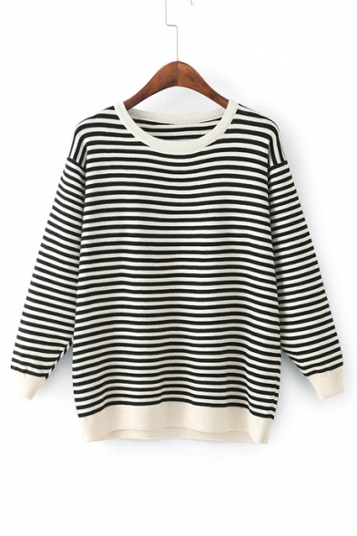 Round Neck Long Sleeve Chic Striped Pattern Pullover Sweater