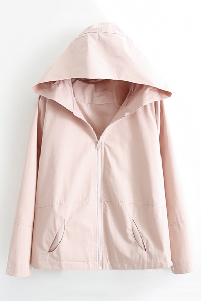Simple Hooded Long Sleeve Zipper Placket Plain Coat