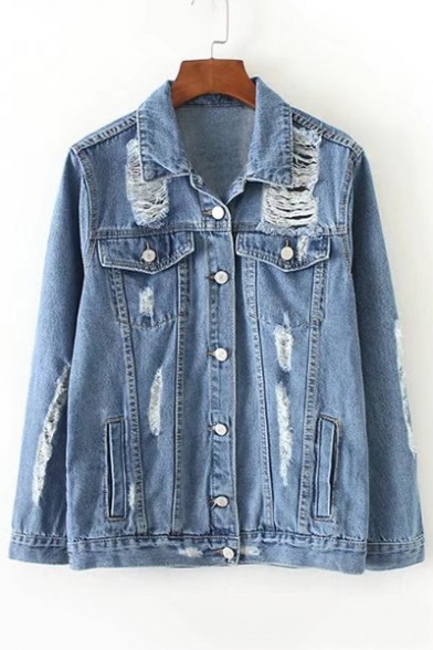 Street Style Fashion Ripped Out Lapel Collar Long Sleeve Single Breasted Denim Jacket
